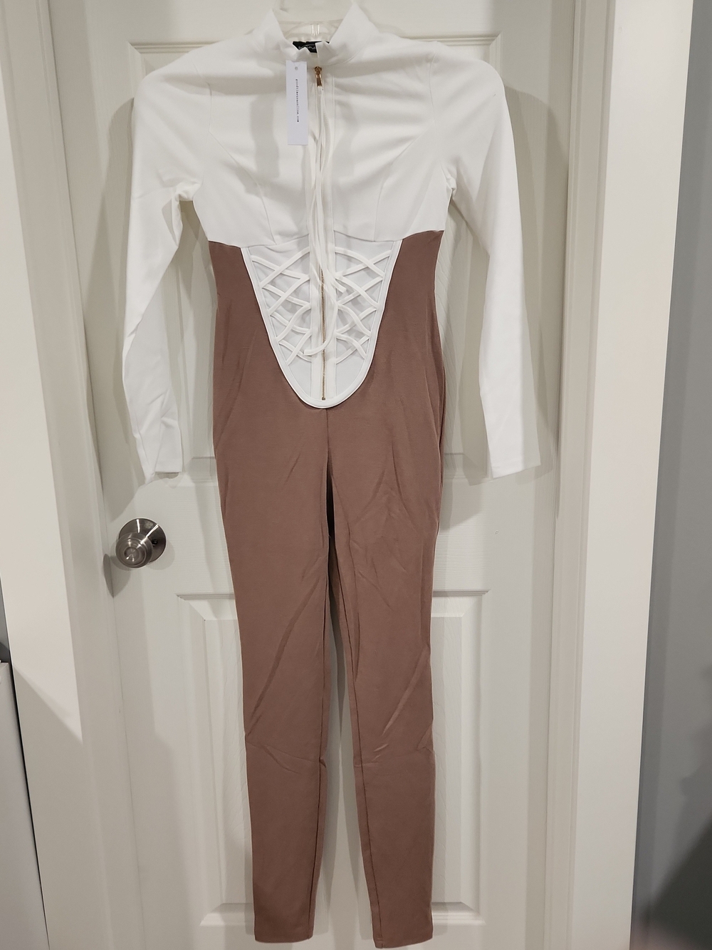 NWT Good Time USA Colorblock Mock Lace-Up Corset Jumpsuit Size Small Brown Cream
